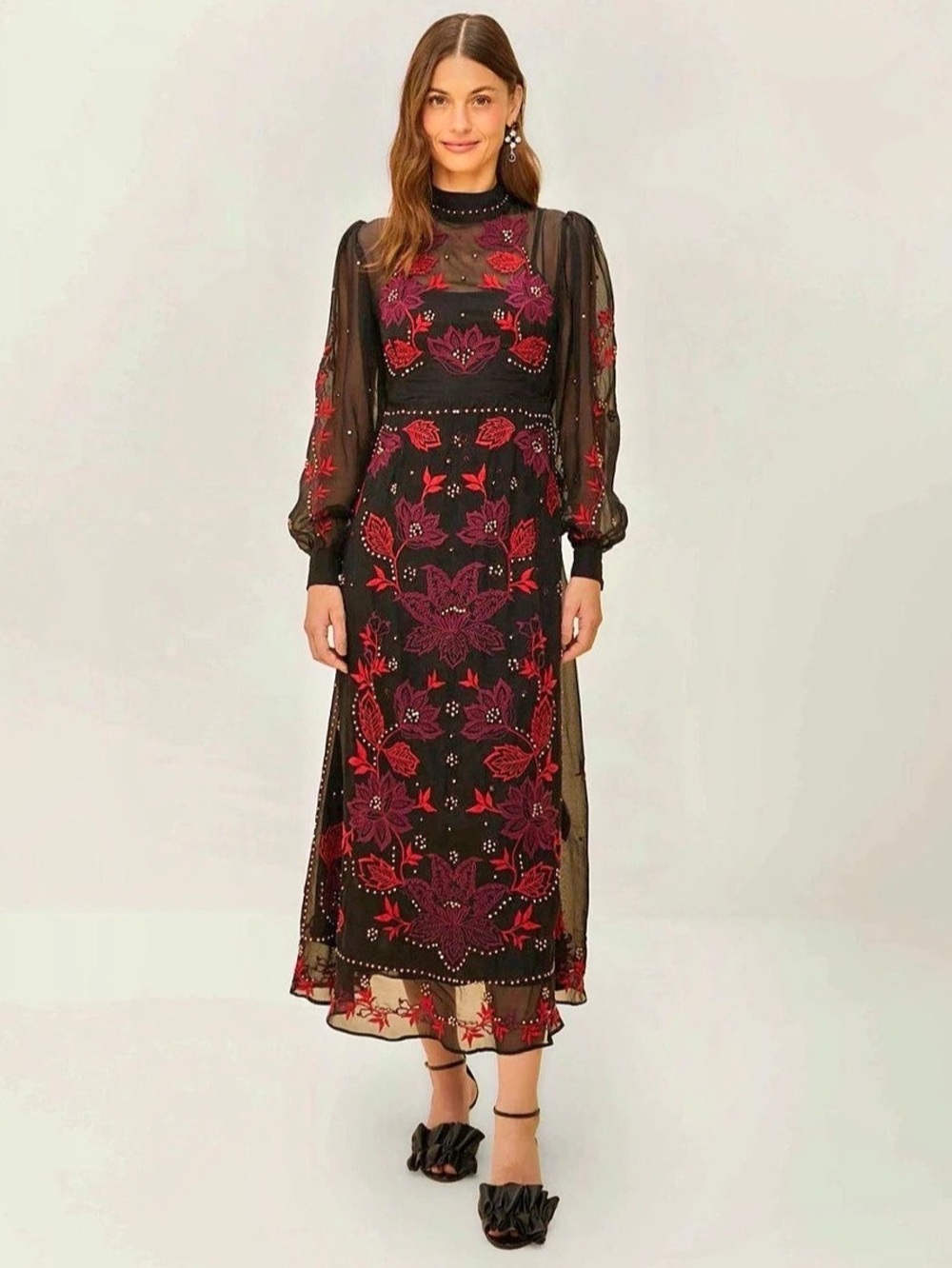 Brand New Farm Rio Organza Long Sleeve Midi Dress Floral Midi Dress